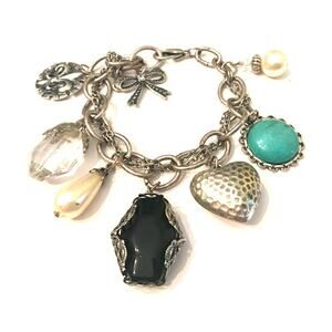 Estate7 Large Charms 8" Silver-Tone Link Charm Bracelet Lobster Claw Closure